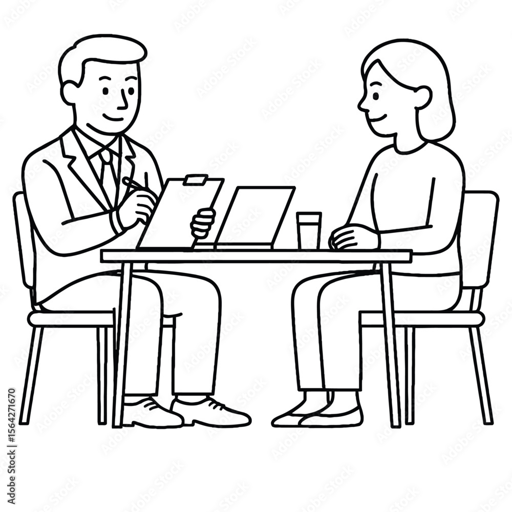 A man in a suit conducts a job interview with a woman, taking notes on a clipboard at a table in a simple line drawing style. A man in a suit conducts a job interview with a woman, taking notes on a clipboard at a table in a simple line drawing style.