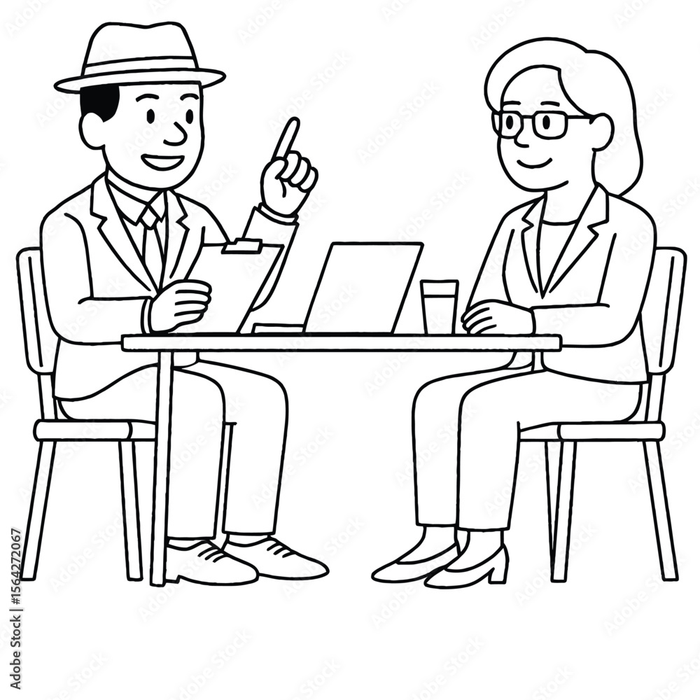 A man and a woman in business attire are sitting at a table, engaged in a discussion, with a laptop and documents present, suggesting a business meeting or interview. A man and a woman in business attire are sitting at a table, engaged in a discussion, with a laptop and documents present, suggesting a business meeting or interview.