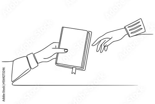 Continuous line art of hands giving a book for knowledge exchange