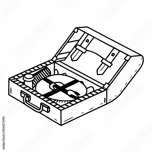 A portable camping stove in an open suitcase, isolated on white background