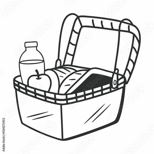 A picnic basket with food and drink isolated on white background