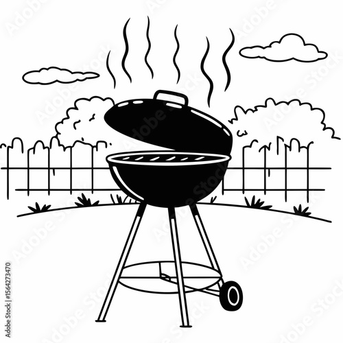 A smoking barbecue grill with an open lid isolated on white background