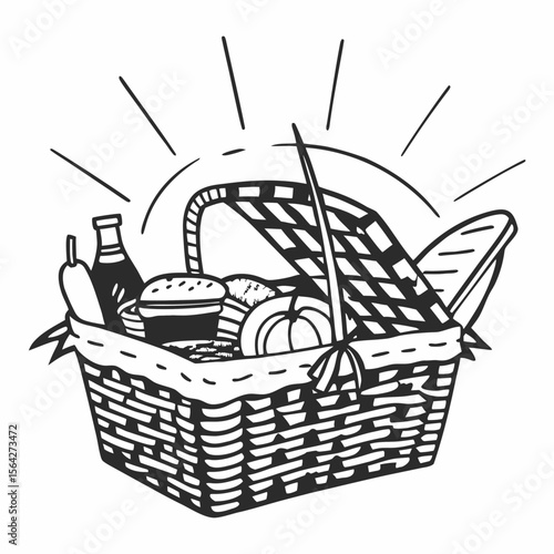 A picnic basket filled with food isolated on white background
