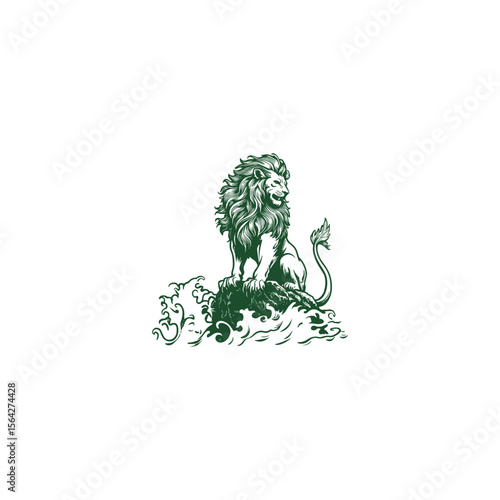 mighty lion sits on a rock wave design vector template illustration