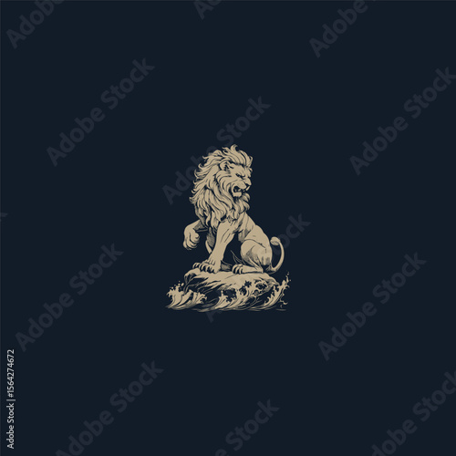 mighty lion sits on a rock wave design vector template illustration