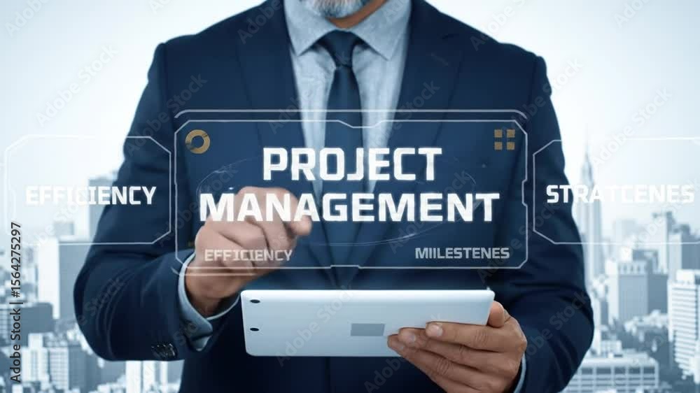 Businessman Manages Project Strategies on Digital Tablet with Cityscape Background Businessman Manages Project Strategies on Digital Tablet with Cityscape Background
