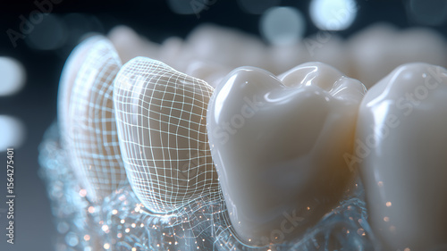 Futuristic digital dentistry visualization showing holographic mesh overlay mapping tooth enamel for precise CAD CAM modeling.
