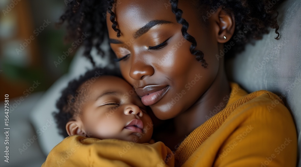 Obraz premium A mother embraces her sleeping baby with love