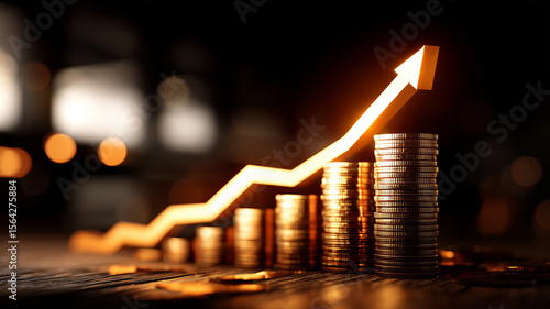 Explosive profit growth concept illustrated by rising coin columns and fiery arrow streaking upward.
