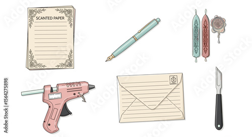 Illustration of stationery items including paper, pen, glue gun, envelope, and craft knife tools