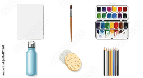 Artistic arrangement featuring watercolor paints brush paper sponge pencils and a blue water bottle neatly placed