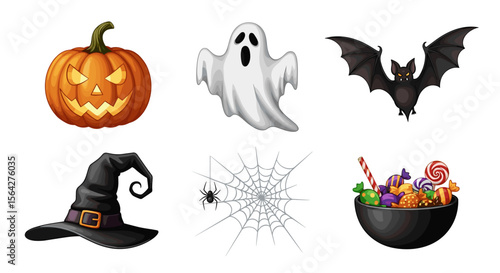 Collection of halloween themed elements including pumpkin ghost bat witch hat spiderweb and candy bowl items