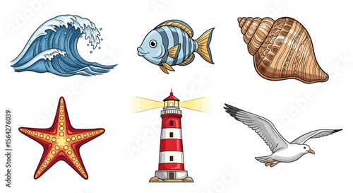 Illustration of a wave, fish, seashell, starfish, lighthouse, and seagull isolated on a white background