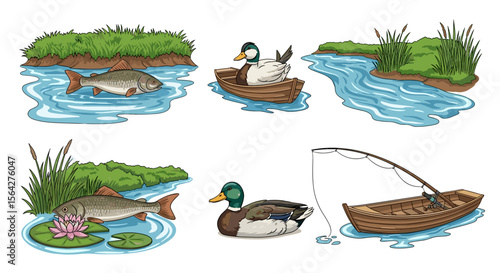 Illustrations depicting ducks, fish, boats, and aquatic plants in a cartoon style setting outdoors