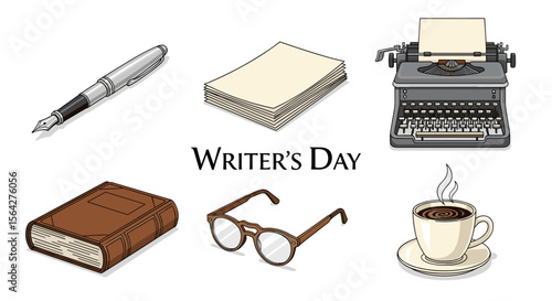 Illustration of writer's day with pen, papers, typewriter, book, glasses, and coffee mug on white background