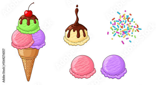 Colorful ice cream cone with cherry and chocolate drizzle and additional scoops of ice cream around it