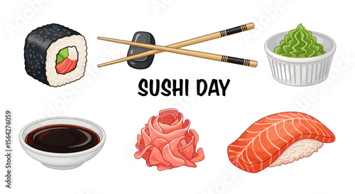 Assorted sushi with maki roll nigiri ginger wasabi soy sauce and chopsticks for sushi day celebration