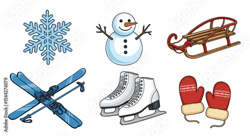 Illustration featuring a snowflake, snowman, sled, skis, ice skates, and mittens on a white background