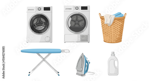 Laundry appliances and accessories including washing machine dryer ironing board and laundry basket are shown