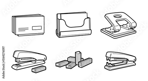 Illustration of office supplies including a stapler hole punch and paper holder in black and white style