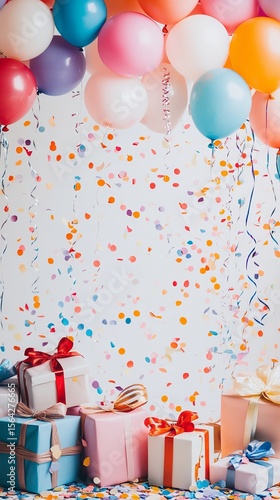 A lively and colorful birthday party scene showcasing an abundance of balloons, wrapped gifts, and festive streamers against a crisp white background, creating a cheerful celebration atmosphere.