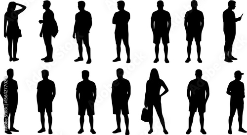 Vector silhouettes man and women, illustration. Silhouettes of young people posing in casual clothes. EPS10 version.
