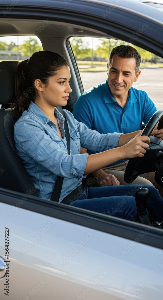 Young Woman Learning to Drive with Male Instructor Sitting Next to Her in a Modern Car Young Woman Learning to Drive with Male Instructor Sitting Next to Her in a Modern Car