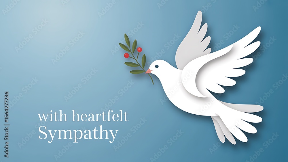 Obraz premium White dove carrying olive branch with heartfelt sympathy message on blue background
