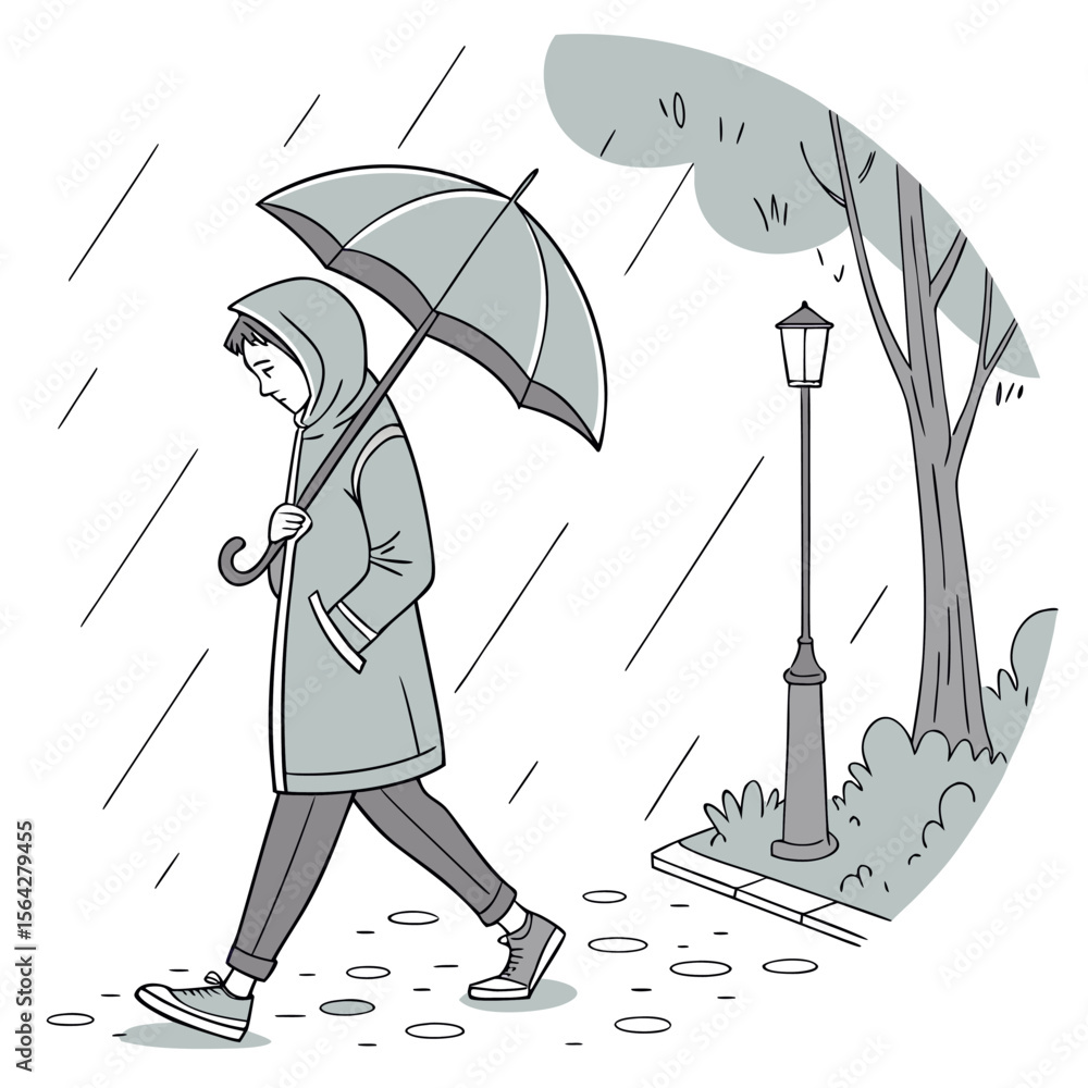 Obraz premium A solitary person walks down a street holding an umbrella under the pouring rain next to a lamppost and a tree