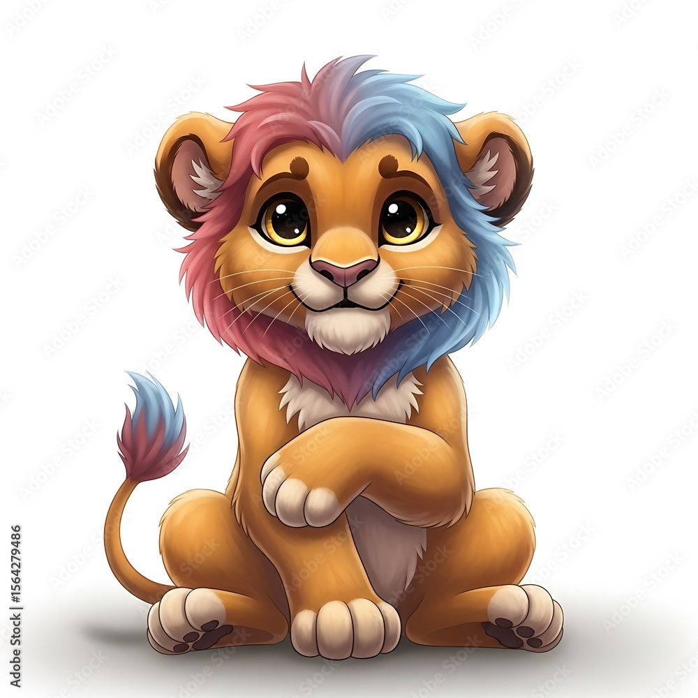 Fototapeta premium Adorable cartoon lion cub with pink and blue mane, sitting with paws crossed, against a white background.