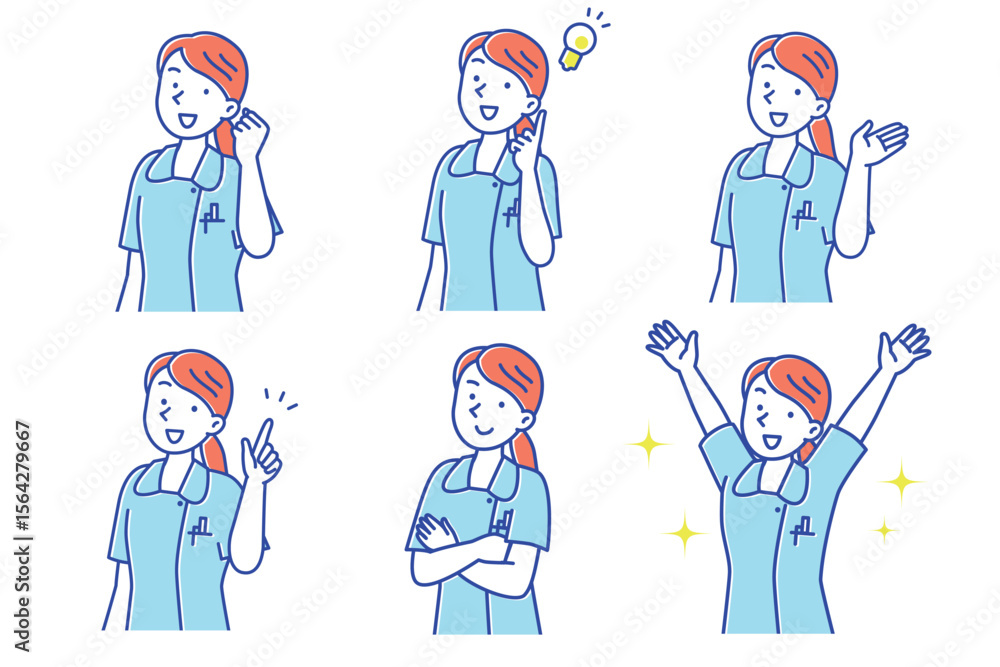 笑顔でポーズする若い女性看護師のセットイラスト 笑顔でポーズする若い女性看護師のセットイラスト