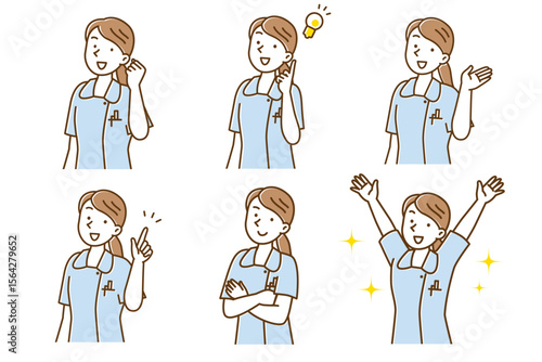 笑顔でポーズする若い女性看護師のセットイラスト