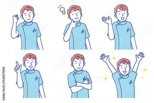 笑顔でポーズする若い男性看護師のセットイラスト