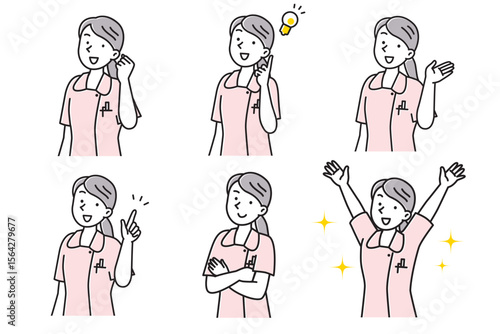 笑顔でポーズする若い女性看護師のセットイラスト