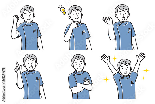 笑顔でポーズする若い男性看護師のセットイラスト