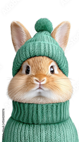 Cute and Adorable Bunny Wearing Green Knit Sweater and Hat with Pom Pom for Winter Theme or Easter Celebration