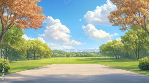 Peaceful park landscape with digital cartoon sky. Tranquil nature with green grass and trees. Outdoors cityscape, serene field, blue clouds, vibrant environment, empty open space, scenic skyline.