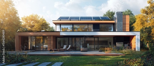 Create an engaging illustration of a sustainable modern house, showcasing sleek architecture with solar panels and a heat pump, surrounded by greenery, emphasizing eco-friendly living