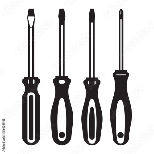 A minimalist black and white vector illustration of a set of screwdrivers ornament for design