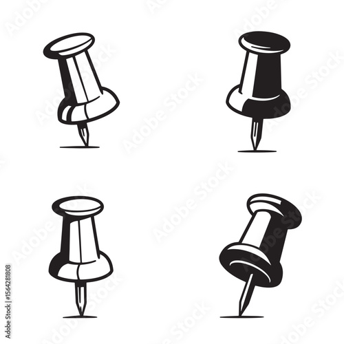 Black and white illustration set of four different positioned push pins or drawing pins for office or school decoration ornament