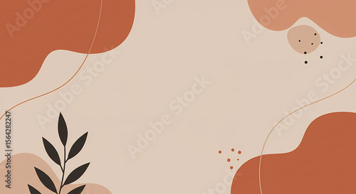 Abstract Terracotta & Beige Background with Organic Shapes and Minimalist Leaf - High-quality stock image for commercial use