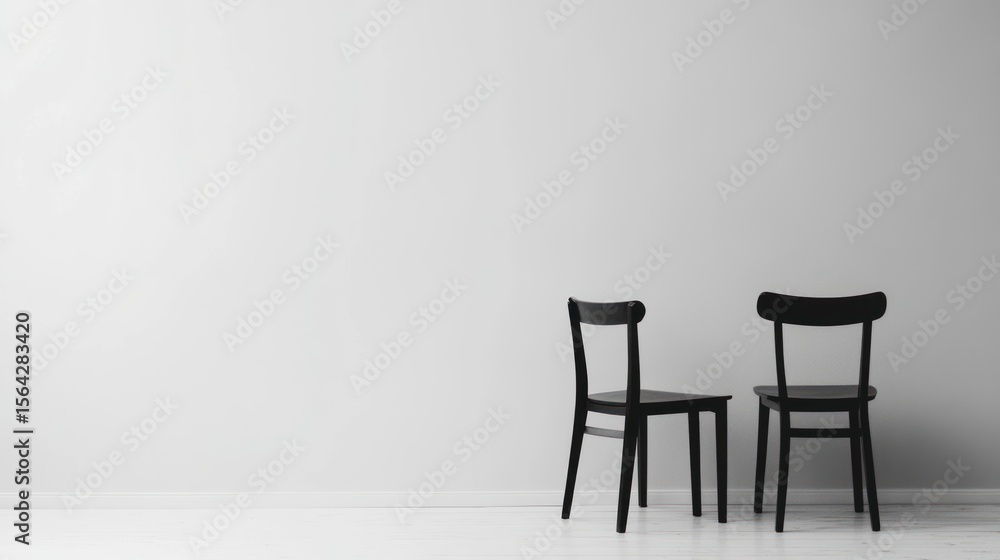 Fototapeta premium Two black chairs against a white wall