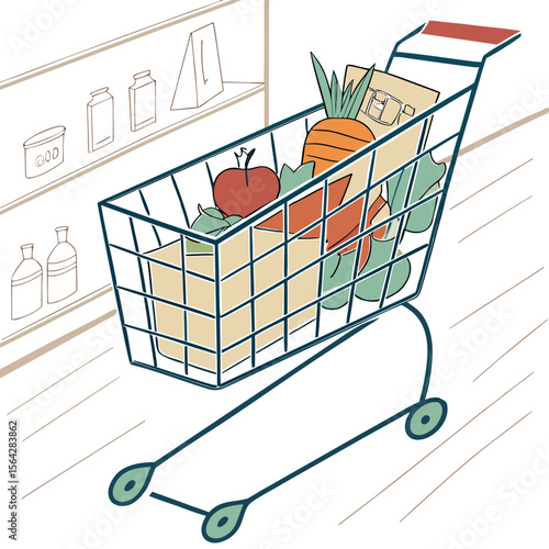 A colorful hand drawn illustration of a full grocery shopping cart filled with fresh produce and packaged goods moving through a store aisle