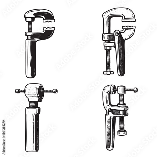 Vintage hand drawn illustration of various woodworking and metalworking clamps set