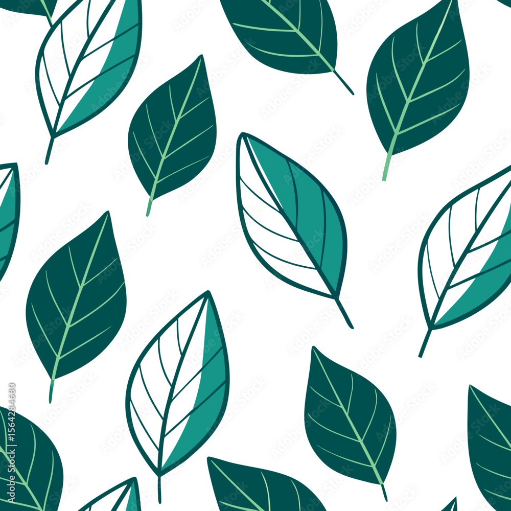 Obraz premium Seamless hand-drawn leaves pattern with line art, forest green + cream, eco-friendly design with white background.