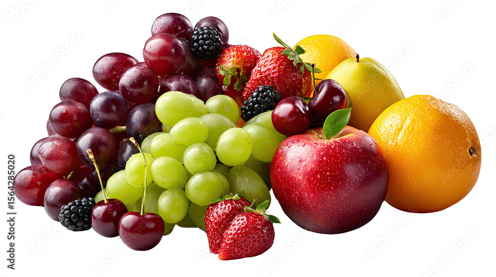 A Medley of Fresh Fruits: A vibrant collection of succulent grapes, juicy berries, a crisp apple, and sunny citrus fruits bursts with flavor and freshness. A visual feast for the senses. A Medley of Fresh Fruits: A vibrant collection of succulent grapes, juicy berries, a crisp apple, and sunny citrus fruits bursts with flavor and freshness. A visual feast for the senses.