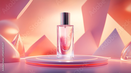 Elegant perfume bottle displayed on a modern pink geometric podium with lighting effects.