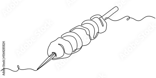 One Continuous Line Drawing of Shish Kebab. Hand drawn one line vector. Editable stroke, One continuous line drawing of fresh delicious traditional Turkish kebab restaurant logo emblem. Turkey food.