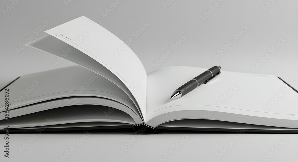 Naklejka premium Open Notebook with Pen on Blank Pages, Ready for Writing, Learning, or Planning in a Clean, Minimalist Setting
