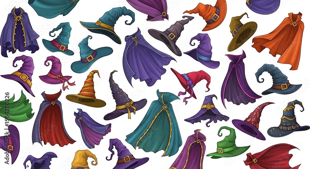 Obraz premium An assortment of colorful cartoon witch hats and capes scattered on a white background surface view